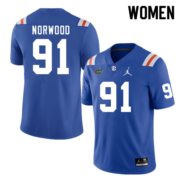 Women #91 Tyreik Norwood Florida Gators College Football Jerseys Stitched-Retro